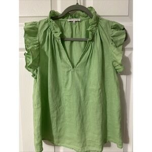 Olivaceous Linen Blouse Bright Green Cottage Ruffled Sleeves Size Large